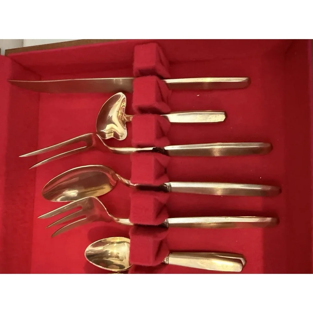 Vintage‎ Thai Brass Flatware Set. Service For 8 29 Piece Set Gold Tone with Case